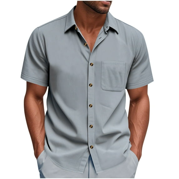 KeShDi Summer Mens T Shirts Men's Summer Solid Color Short Sleeved Lapel Button Cardigan Pocket Fashionable Blouse Shirt Gray S