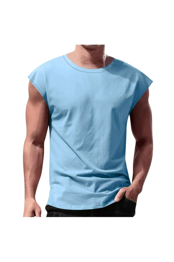 Summer Tank Tops for Men Wokout Tops Men's Casual Solid Color Sleeveless V-Neck Cool Interior with Fashionable Light Blue S