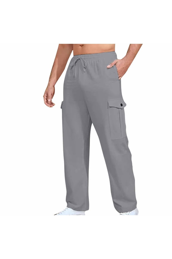 Sweatpants for Men Wide Leg Sweatpants Man Fashion Leisure Solid Color Pocket Tie Rope Motion Straight Tube Trousers Gray 3X