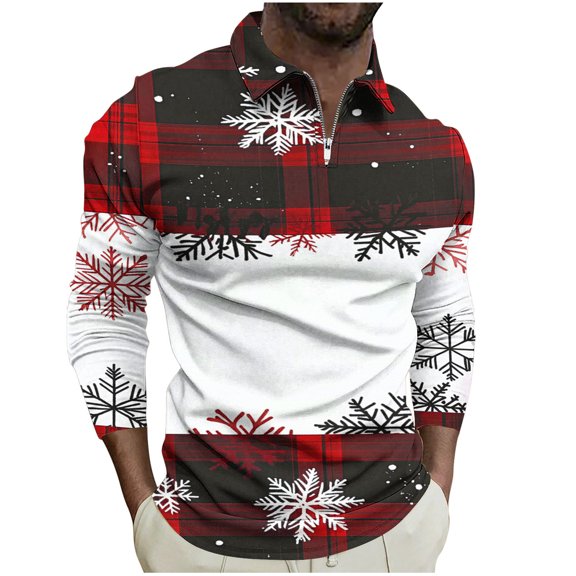 KeShDi Sweatshirts Christmas Men's Pullover Zipper Printing Lapel Long Sleeve Turndown Collar Blouse Shirt WhiteM