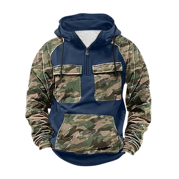KeShDi T Shirts for Man Long Sleeve Men's Cargo Camouflage Print Multiple Pockets Sports Ditness Training Raglan Long Sleeved Hooded Navy 2X