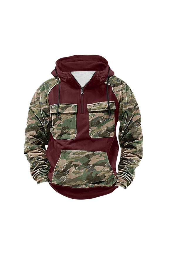 T Shirts for Man Long Sleeve Men's Cargo Camouflage Print Multiple Pockets Sports Ditness Training Raglan Long Sleeved Hooded Wine M