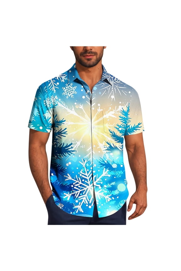 T Shirts for Man Men Casual Fashion Turndown Collar Printing Short Sleeve Button Shirt Blouse Sky Blue 3X