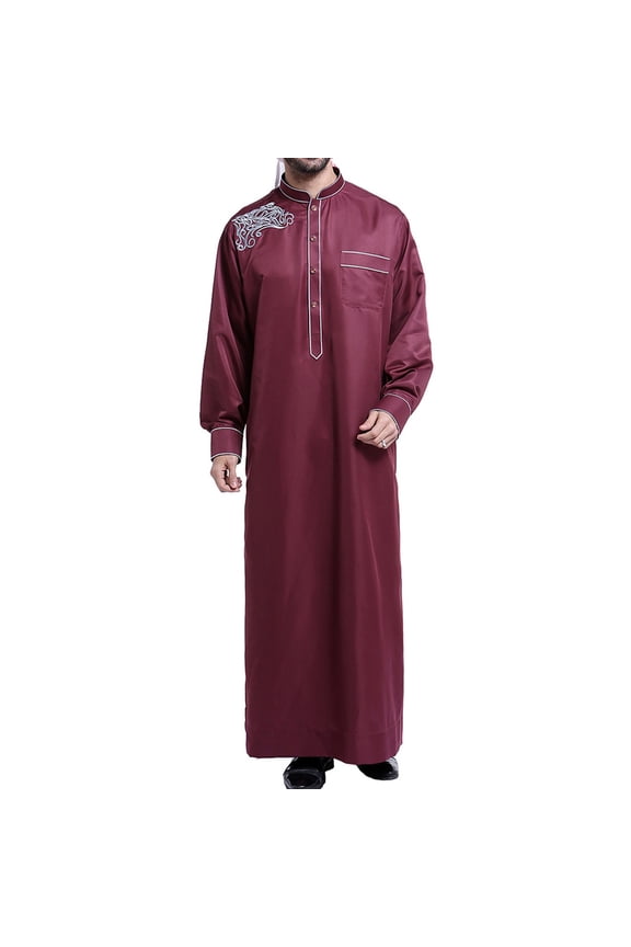 T Shirts for Men Muslim Robe Arab Middle Robe Long Style Long Sleeve Embroidered Standing Neck Pocket Long Shirt Fashion Casual Robe Wine S