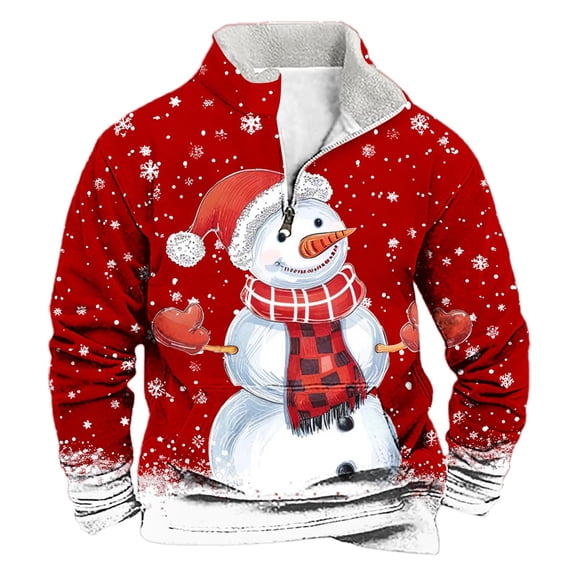 KeShDi Thanksgiving Sweatshirt Men's Winter Wtand Up Collar Zipper Christmas Print Pullover Long Sleeved Top Hooded Sweatshirt RedM