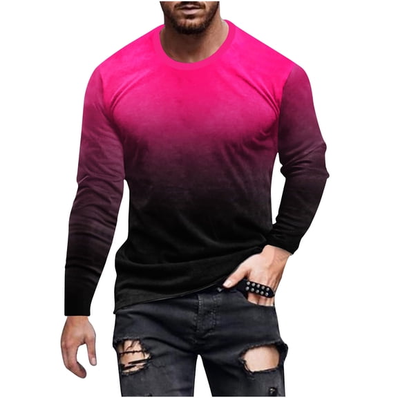 KeShDi Thermal Shirts for Men Men Gradation Casual Round Neck Long Sleeve Pullover Printed T-Shirt Blouse Hot Pink 2X