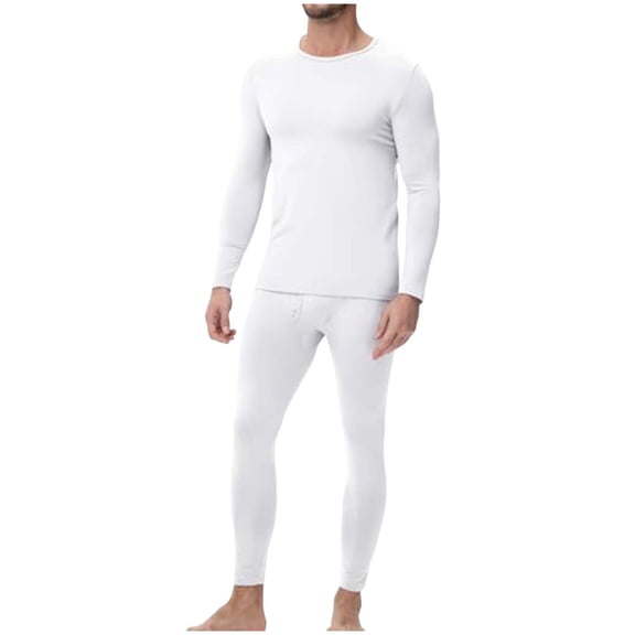 KeShDi Thermal Underwear for Men Set Man Solid Color Casual Fashion Elastic Base Outdoor Running for Fitness Round Neck Keep Warm Sets White S