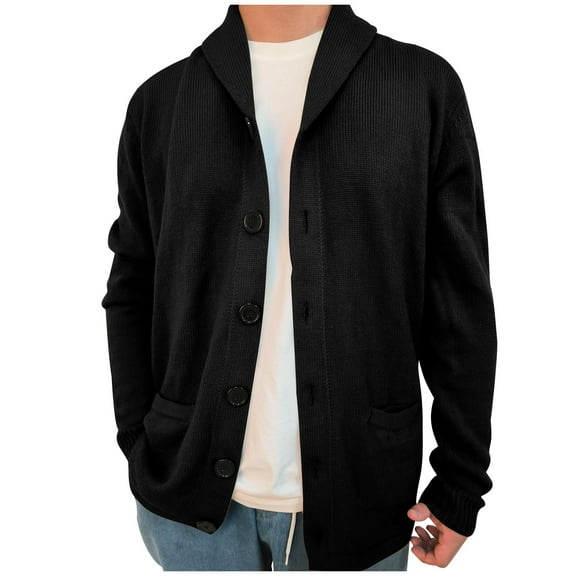 KeShDi Trench Coat Men Long Sleeve Oversize Turndown Collar Casual Solid Knitted Cardigan Sweater Coat Black L