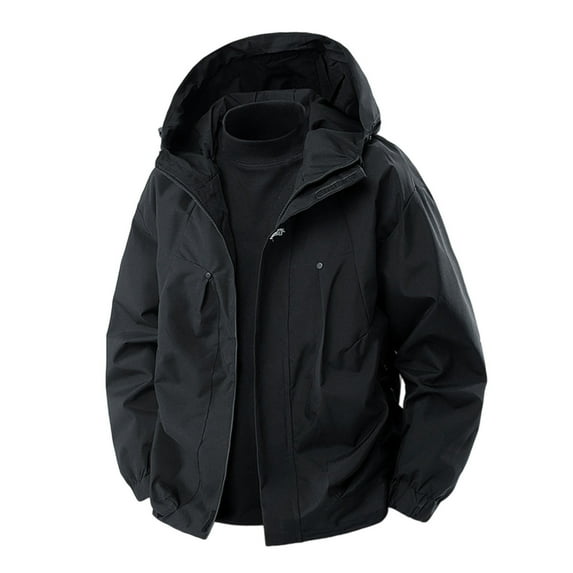 KeShDi Trench Coat Men Men's Solid Color Waterproof Long Sleeved Hooded Workwear with Multiple Pockets Jacket Black S