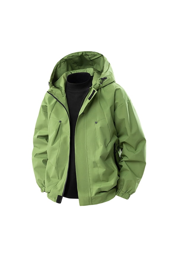 Trench Coat Men Men's Solid Color Waterproof Long Sleeved Hooded Workwear with Multiple Pockets Jacket Green L