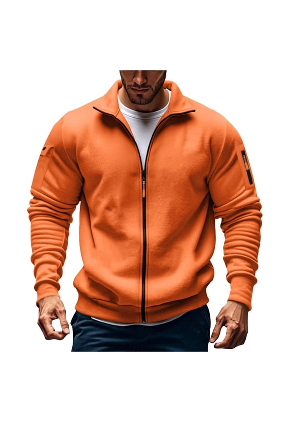 Trench Coat Men Work Jackets for Men's Solid Color Long Sleeved Stand-up Collar Zipper Fleece Thick Pocket Jacket Orange 2X