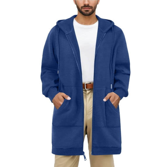 KeShDi Trench Coat Men's Hoodie Solid Color Mid-length Style Long Sleeve Hooded Casual Outwear Jackets Blue L