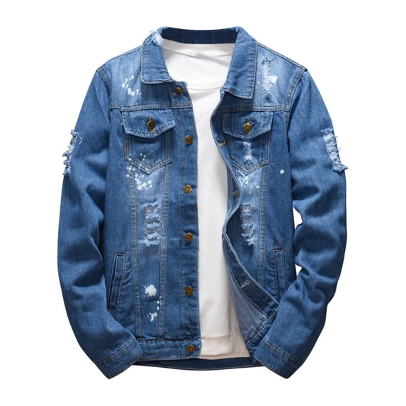KeShDi Trench Coat Men's Solid Color Long Sleeved Lapel Denim Fashionable Casual Jacket Light Blue 3X