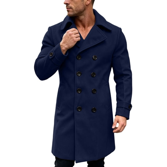 KeShDi Trench Coat for Men Double Breasted Lapel Long Sleeve Jacket Navy L