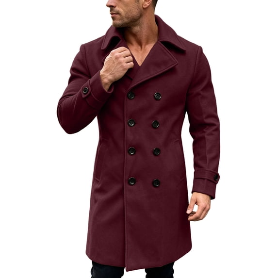 KeShDi Trench Coat for Men Double Breasted Lapel Long Sleeve Jacket Wine M