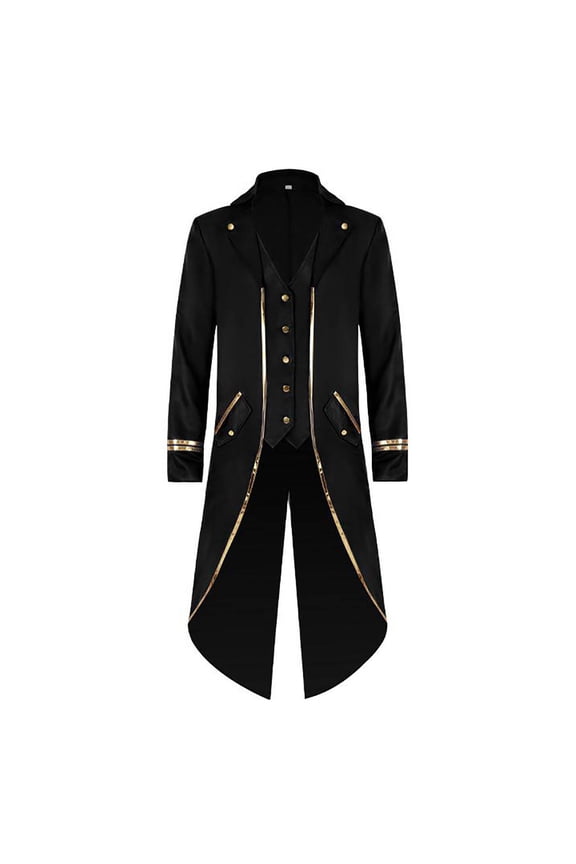 Tuxedo Medieval Vintage Steampunk Gold Trimmed Gothic Retro Punk Style Steampunk Tailcoat Renaissance Pirate Warlock Frock Coat Halloween Men Costume Mid Length Tuxedo Costume Black L