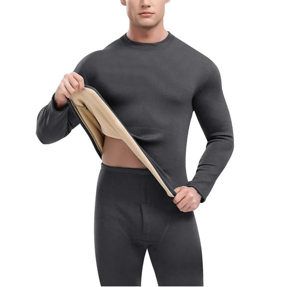 KeShDi Underwear for Men Pack Men's Solid Color Fleece Mid Neck Thermal Underwear Set with Long Sleeves Dark Gray XL