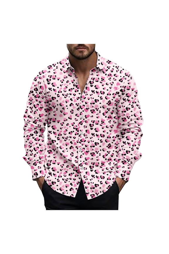 Valentines Day Men's Shirts Men's Fashionable Camouflage Print Casual Long Sleeve Turndown Collar Blouse Shirt Red XL