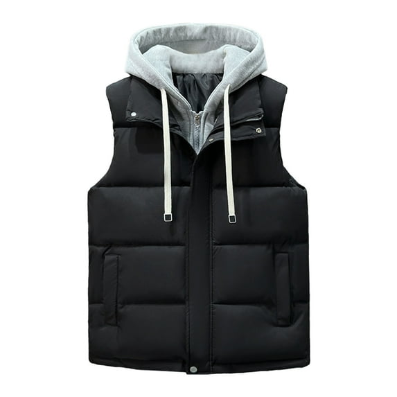 KeShDi Vest for Men Solid Color Sleeveless Hooded Zipper Cardigan Warm Jacket Black XL