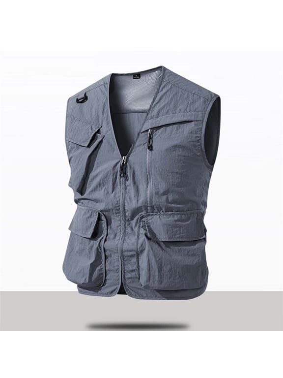 Vest for Men Stand Collar Sleeveless Zip Up Multi Pockets Casual Work Utility Vest with Pockets Gray L