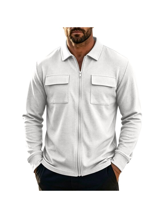 Waffle Jacket for Men Button Down Long Sleeve Coat with Pockets Casual Waffle Knit Shirt Jacket Shacket White 2X