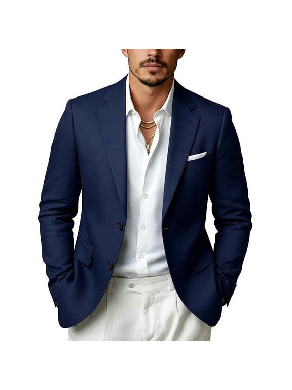 Wedding Jacket for Men Lightweight Stage Show Ceremonial Dress Party Coat Suit Pocket Jacket Dark Blue L