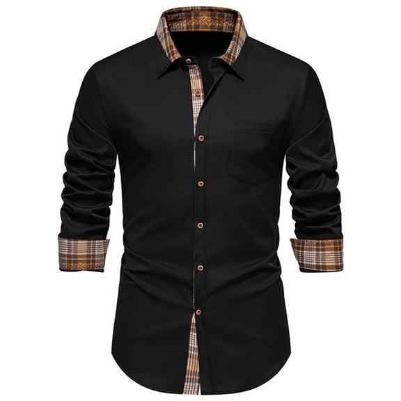 KeShDi White Button Down Shirt Men Men Casual Patchwork Button Long Sleeve Turn-down Collar Blouse Shirt Black 2X