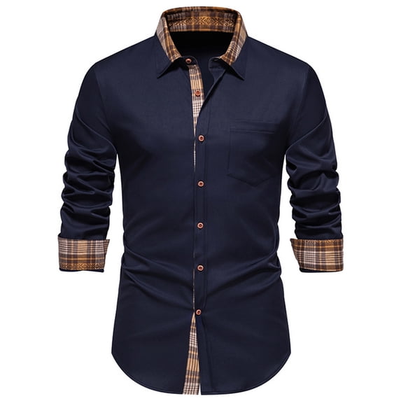 KeShDi White Button Down Shirt Men Men Casual Patchwork Button Long Sleeve Turn-down Collar Blouse Shirt Navy L