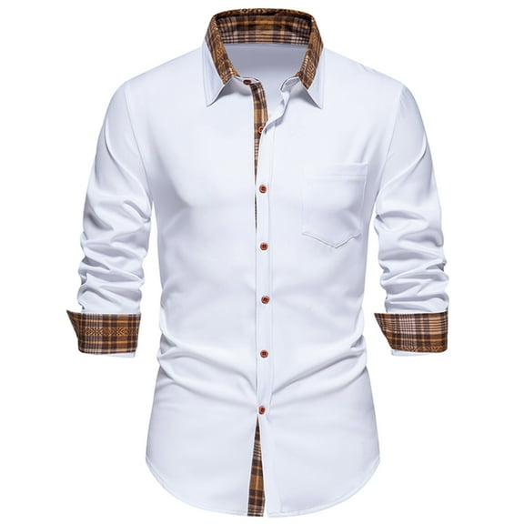 KeShDi White Button Down Shirt Men Men Casual Patchwork Button Long Sleeve Turn-down Collar Blouse Shirt White 2X