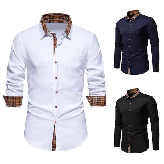 KeShDi White Button Down Shirt Men Men Casual Patchwork Button Long Sleeve Turn-down Collar Blouse Shirt White 2X