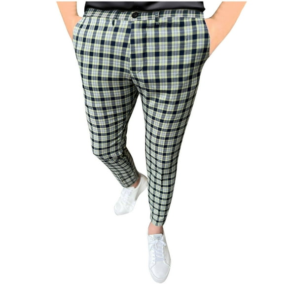 KeShDi White Pants Men Fashion Men's Casual Plaid Printing Button Zipper Trousers Full Length Pants Gray M