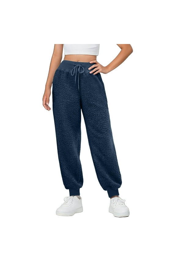 Wide Leg Womens Pants Baggy sweatpants Womens Solid Color Drawstring Furry Casual Warm Wide-leg Cuffed Warm Trousers Navy 2X