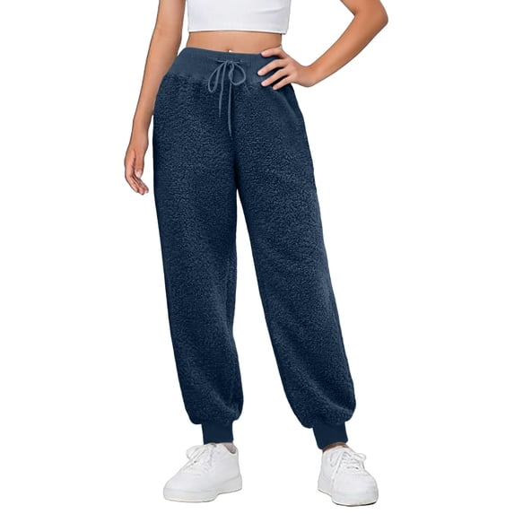 KeShDi Wide Leg Womens Pants Baggy sweatpants Womens Solid Color Drawstring Furry Casual Warm Wide-leg Cuffed Warm Trousers Navy L