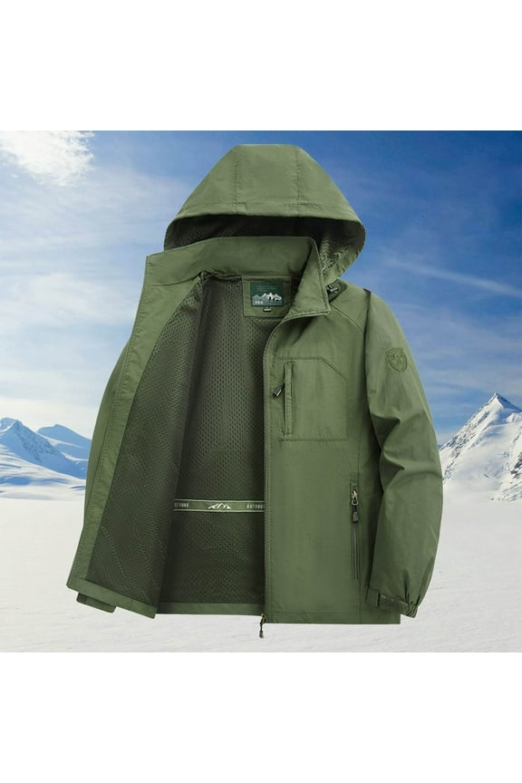 Windbreaker Jacket Men's Solid Color Outdoor Climb Sport Run Pocket Zipper Long Sleeved Hooded Men's Solid-color Outdoor Pocket Zipper Long-sleeve Running Fitness Hooded Jacket Army Green 2X