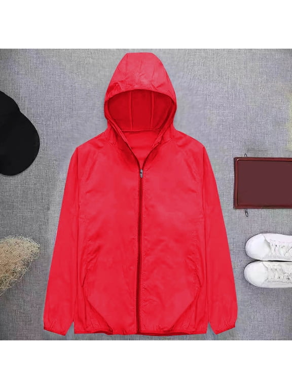Windbreaker Jackets Hoodies Men's Thin Sports Multi-bag Casual Loose Mountaineering Tooling Outdoor Long Sleeve Hooded Casual Outwear Jackets Red 3X
