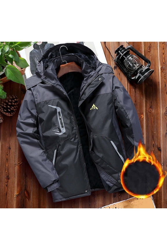 Windbreaker Jackets for Men Men Solid-Color Thick Jacket Waterproof Outdoor Cold Proof Zipper Pocket Detachable-Hat Long Sleeve Hooded Casual Outwear Jacket Black 5X