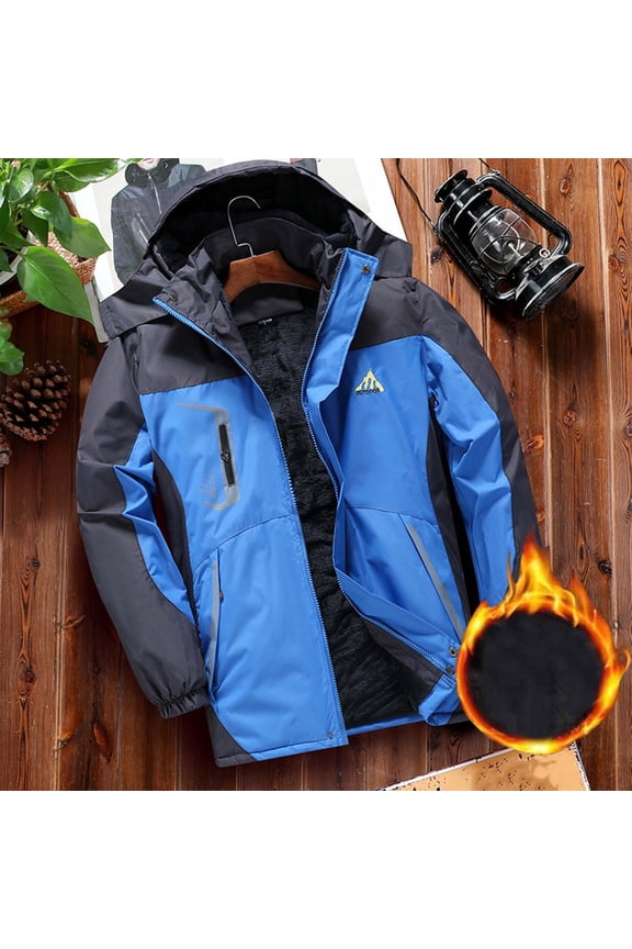 Windbreaker Jackets for Men Men Solid-Color Thick Jacket Waterproof Outdoor Cold Proof Zipper Pocket Detachable-Hat Long Sleeve Hooded Casual Outwear Jacket Blue 5X