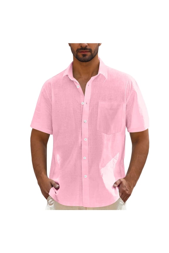 Windbreaker Jackets for Men Casual Fashion Solid Turndown Collar Button Short Sleeve Shirt Blouse Pink L