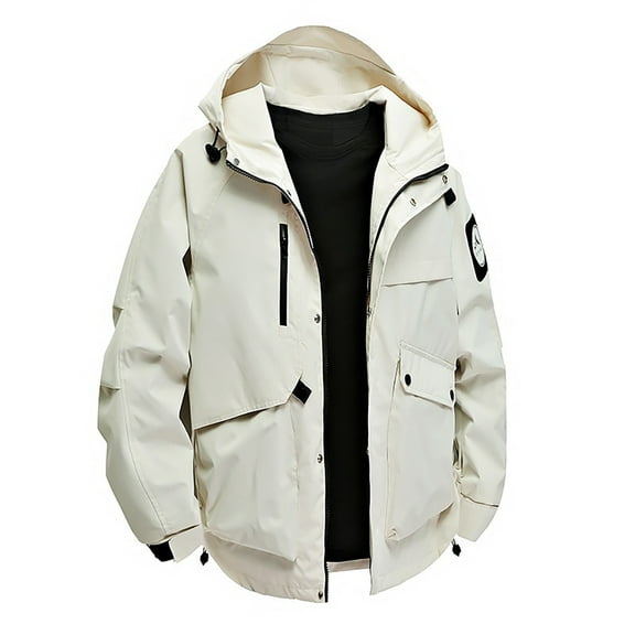 KeShDi Windbreaker Jackets for Men Fall Coats Men's Solid Color Waterproof Long Sleeved Hooded Workwear with Multiple Pockets Jacket White L