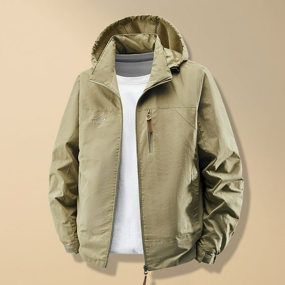 KeShDi Windbreaker Jackets for Men Men's Solid Color Long Sleeved Hooded Workwear Detachable Hat Jacket Khaki XL