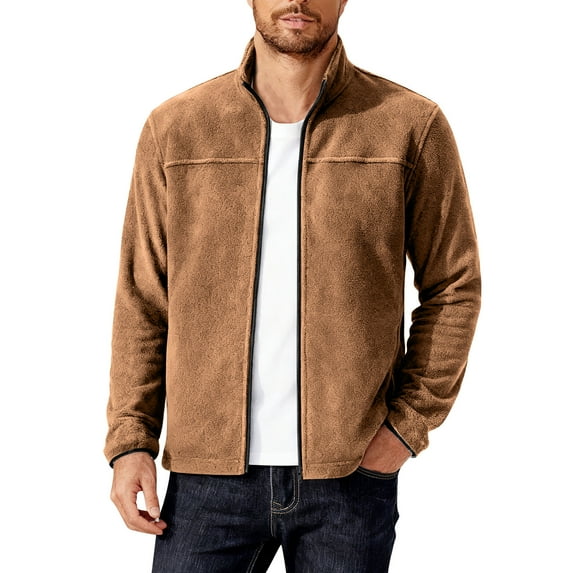 KeShDi Windbreaker Men's Solid Color Fleece Jacket Zip Outdoor Casual Coat with Pockets Coffee 2X