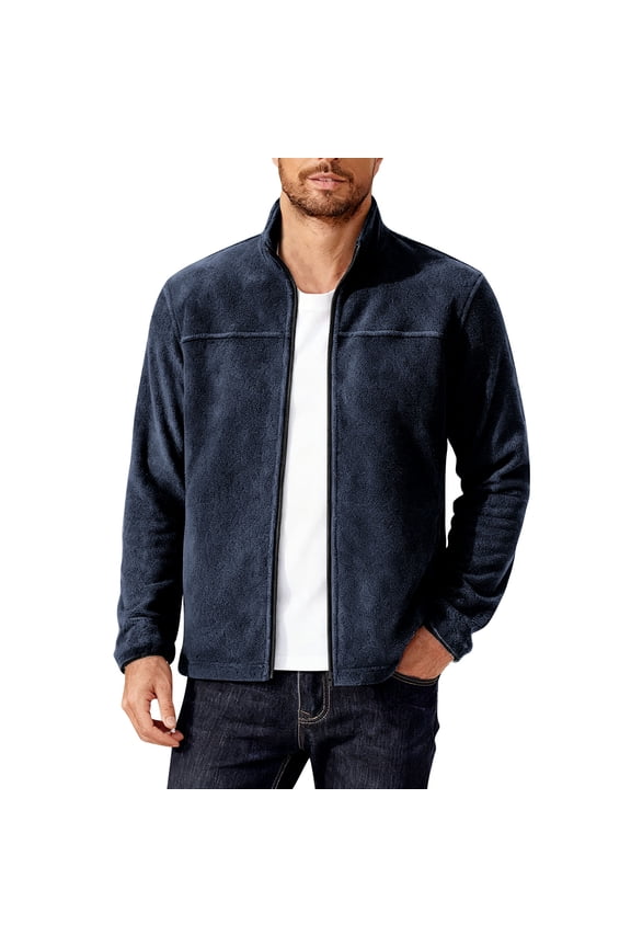 Windbreaker Men's Solid Color Fleece Jacket Zip Outdoor Casual Coat with Pockets Navy 2X