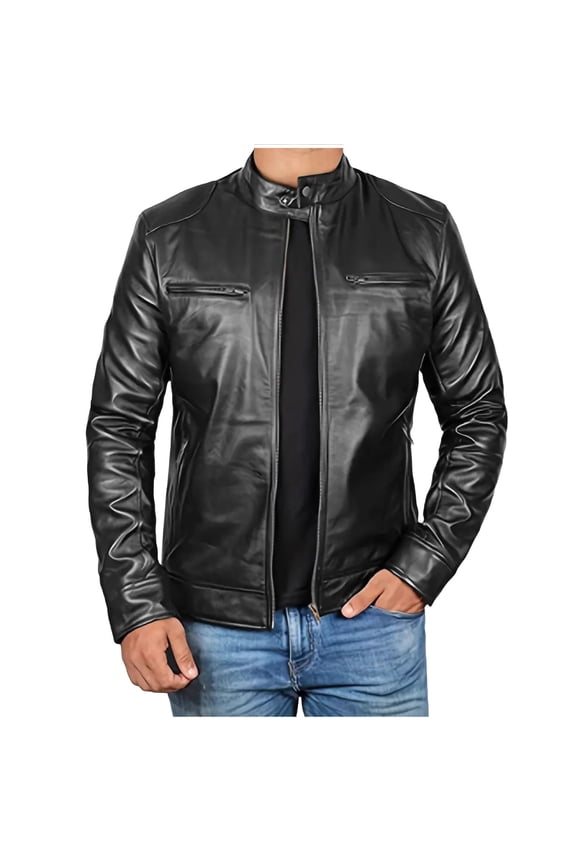 Winter Coat Men's Solid Color Fashion Jacket Leather Jacket with Zipper Pocket Long Sleeved Stand Up Collar Jacket Black L