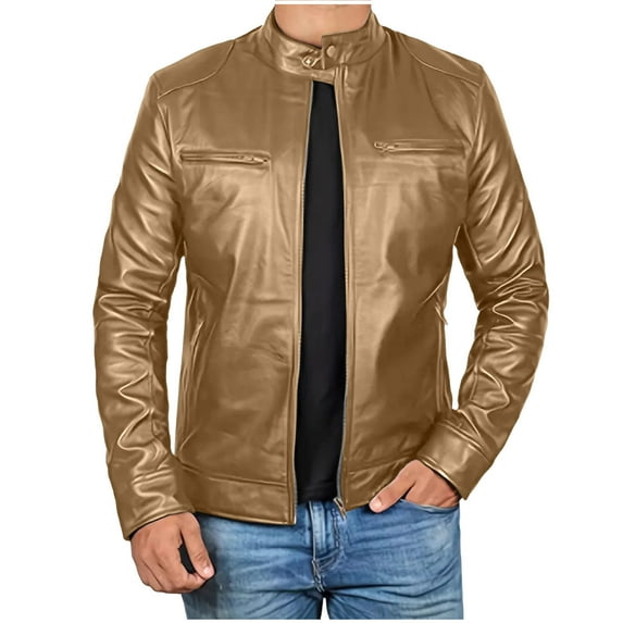 KeShDi Winter Coat Men's Solid Color Fashion Jacket Leather Jacket with Zipper Pocket Long Sleeved Stand Up Collar Jacket Khaki XL