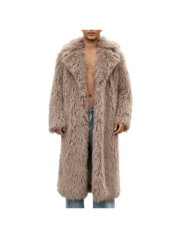 Winter Coat for Men Faux Fur Teddy Bear Lapel Long Sleeve Casual Warm Long Coat with Pockets Khaki L