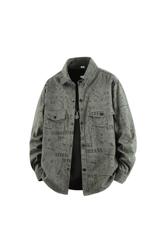 Winter Coats for Men Flannel Jacket for Men's Casual Turn Down Collar Graffiti Shirt Jacket Loose Workwear Top Long Sleeve Hoodless Casual Outwear Jackets Army Green 5X