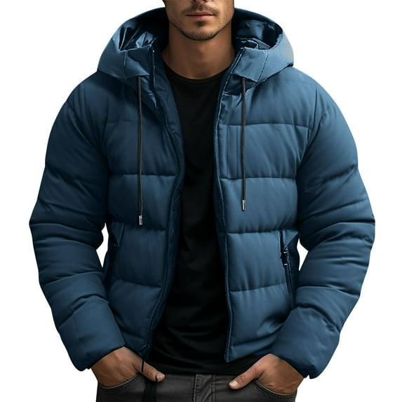 KeShDi Winter Coats for Men's Solid Color Thick Long Sleeved Detachable Hooded Jacket Navy 2X