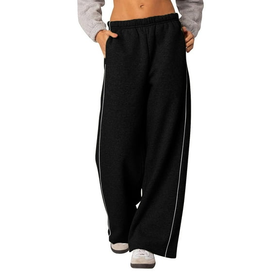 KeShDi Winter Cotton Pants For Women Women Winter Solid Color Casual Fashion Elastic Waist Wide Leg Pants Double Pocket Sports Pants Long Pants Black L