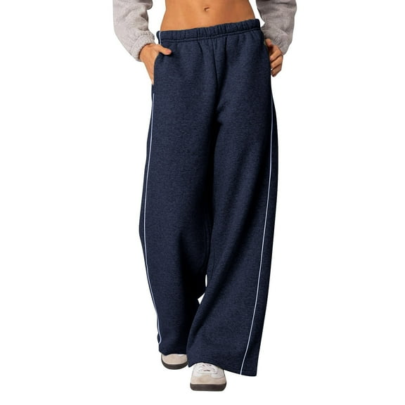 KeShDi Winter Cotton Pants For Women Women Winter Solid Color Casual Fashion Elastic Waist Wide Leg Pants Double Pocket Sports Pants Long Pants Navy M