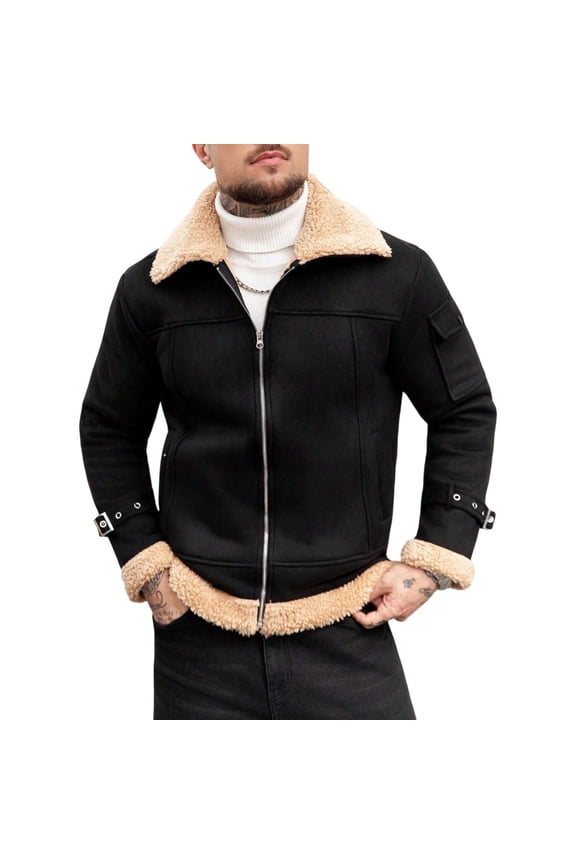 Winter Jackets for Men Fleece Western Jackets Vintage Cowboy Long Sleeve Lapel Jacket with Fleece Loose Zipper Black S